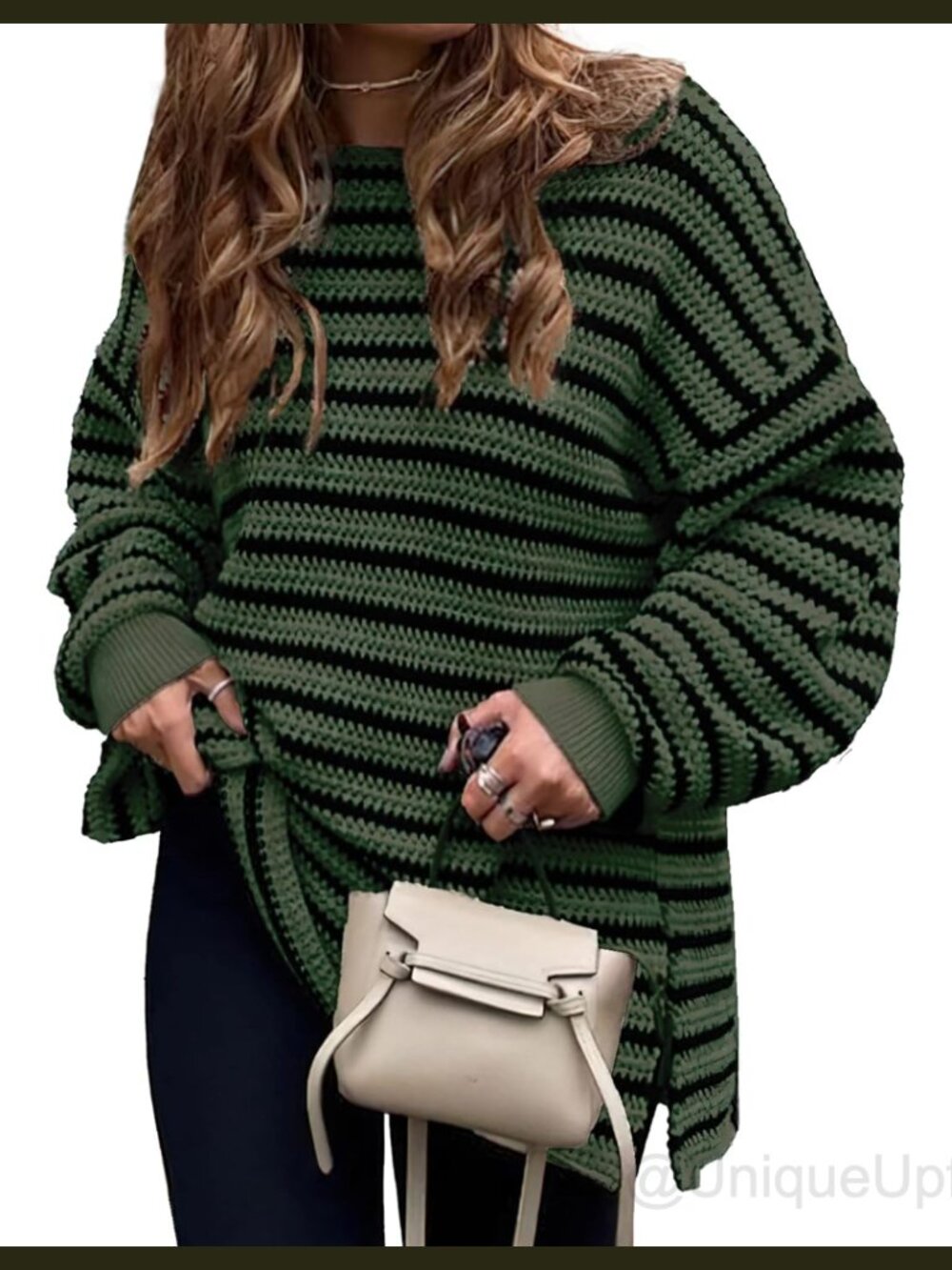 Oversized Striped Crewneck Tunic Sweater Chunky Knit Long Sleeve